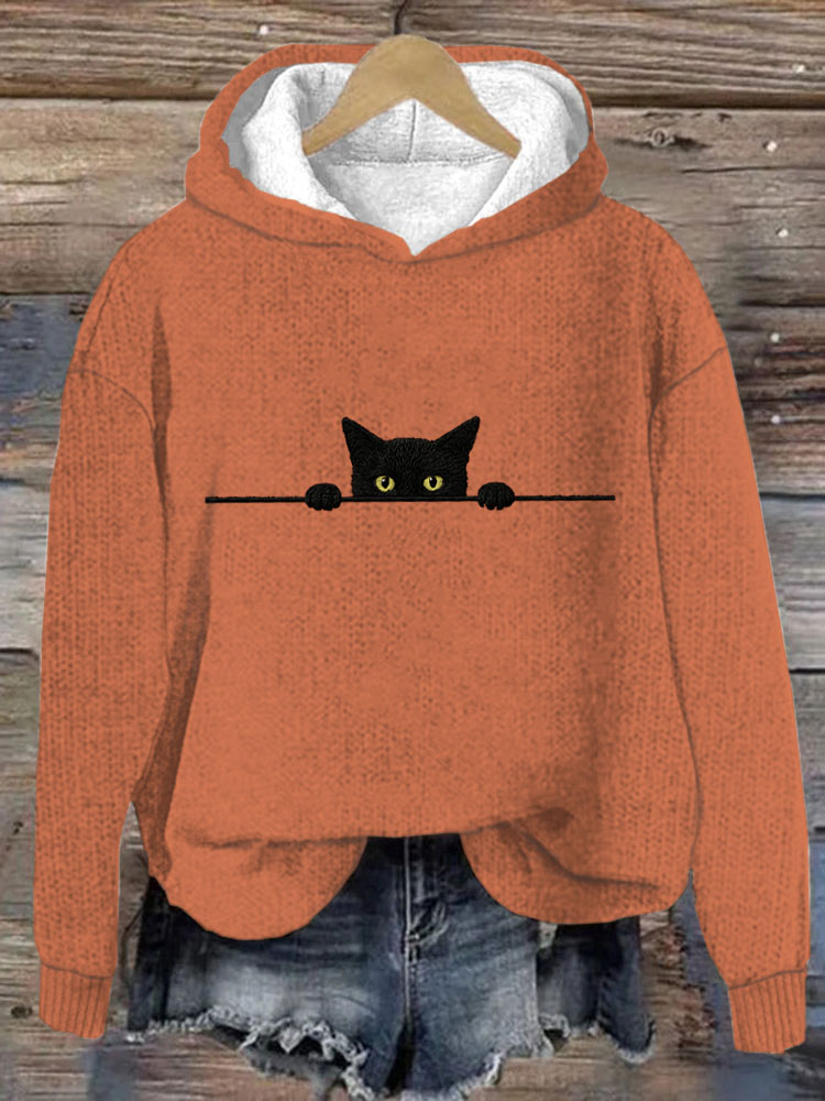 Women's Casual Funny Black Cat Print Hood Sweater