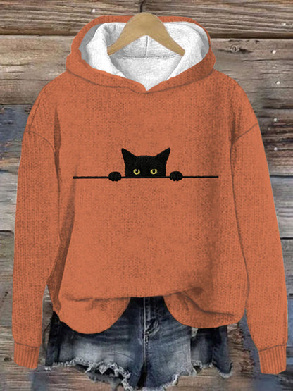 Women's Casual Funny Black Cat Print Hood Sweater