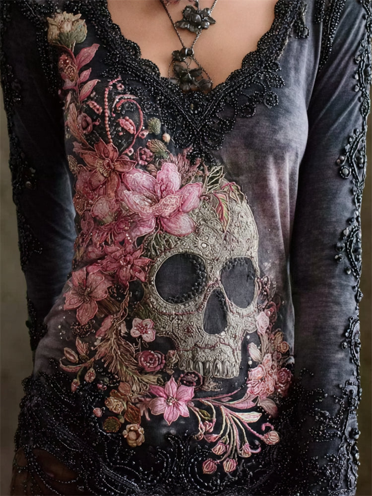 Skull & Pink Flowers Beaded V Neck Comfy T Shirt