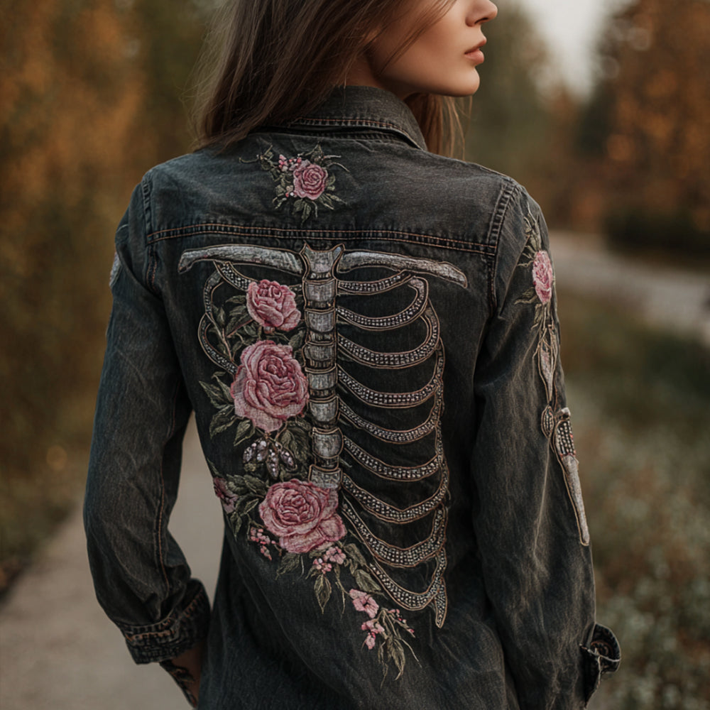 Women's Skeleton Flower Casual Lapel Long-sleeved Shirt