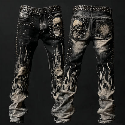 Men's Skulls Flame Contrast Rock Studded Washed Jeans