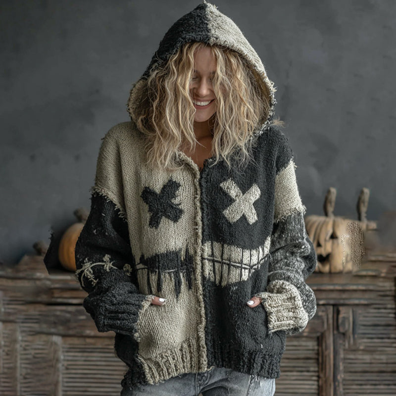 Halloween Spooky Face Patchwork Art Cozy Knit Hooded Cardigan