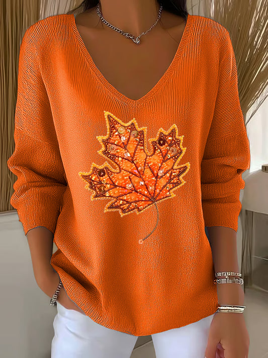 Women's casual autumn maple leaf striped top