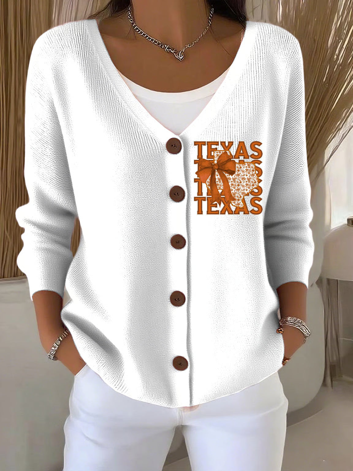 Women's Retro Burnt Orange Texas Coquette Bow Pink Print Cardigan