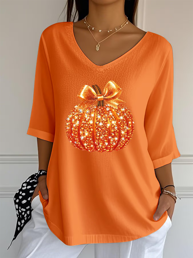 Women's Sequined Pumpkin Print Jacquard Fabric Casual V-Neck Top