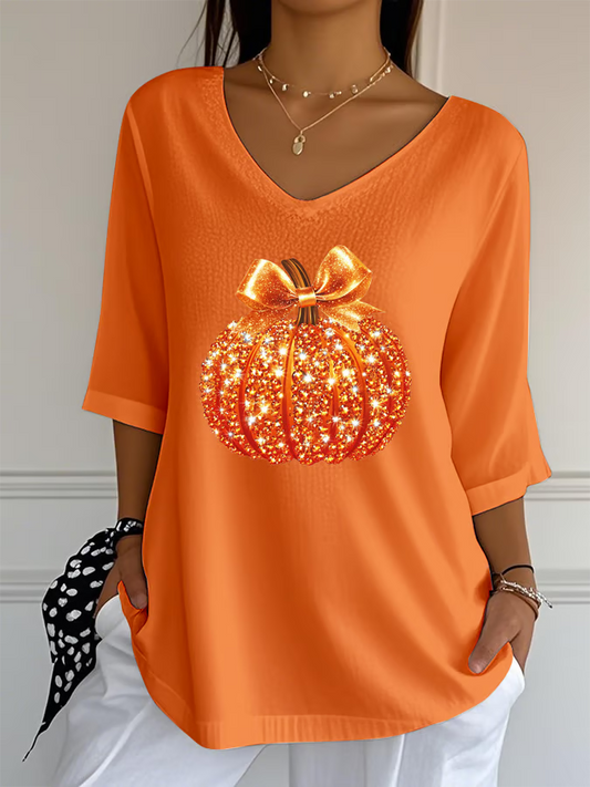 Women's Sequined Pumpkin Print Jacquard Fabric Casual V-Neck Top