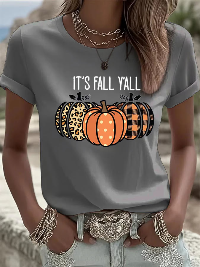Women's It’s Fall Y’all Pumpkin Print Casual T-Shirt