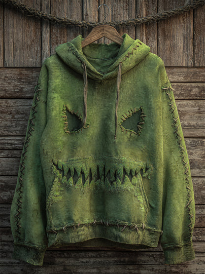 Halloween Spooky Monster Face Stitched Washed Hoodie