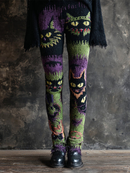 Halloween Spooky Cat Embroidered Women's Knit Leggings