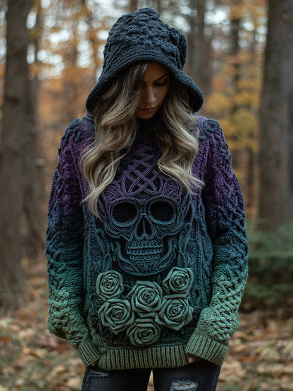 Women's Viking Tribal Jacquard Celtic With Rose And Skull Inspired Chunky Knit Hooded Sweater