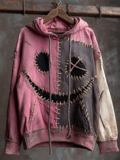 Halloween Stitched Monster Face Contrast Washed Hoodie