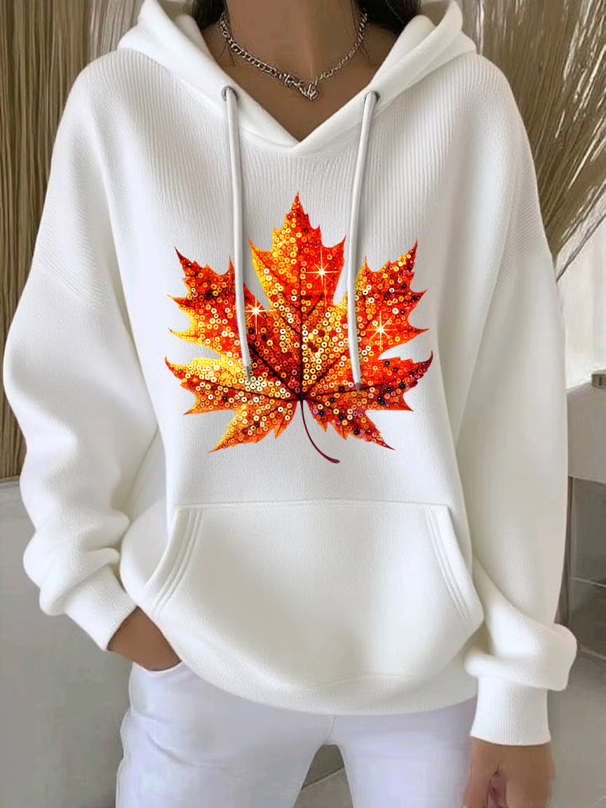 Women's Autumn Maple Leaf Print Casual Hooded Sweatshirt