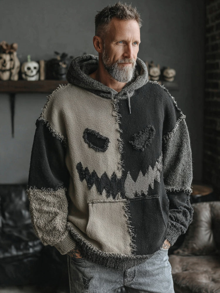 Men's Halloween Spooky Face Colorblock Stitched Hooded Cozy Knit Sweater