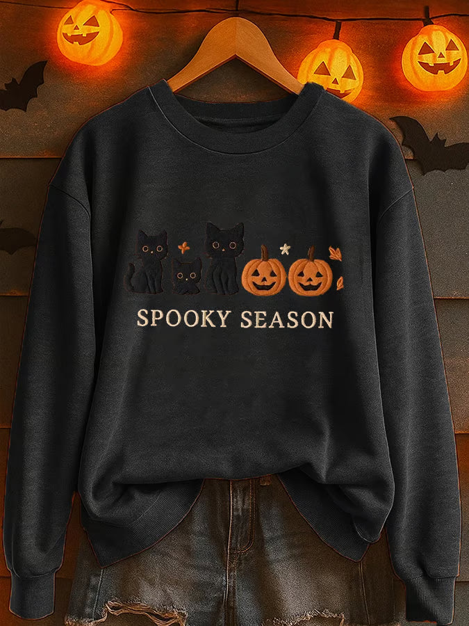 Women'S Casual Halloween Pumpkin Fall Black Cat Print Sweatshirt