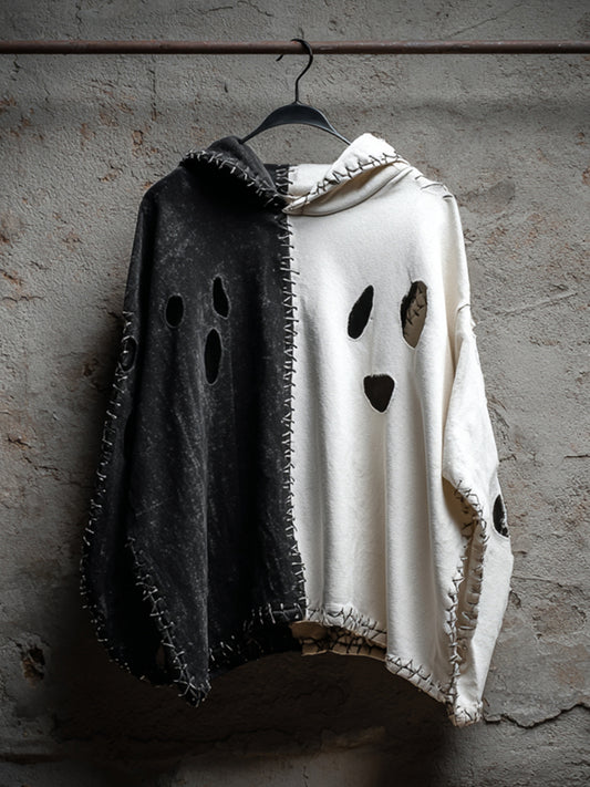 Men's Halloween Ghost Embroidered Clash Color Shabby Hoodie