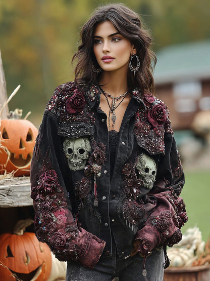 Rose And Skull Embroidered Gothic Rough-contrast Denim Jacket