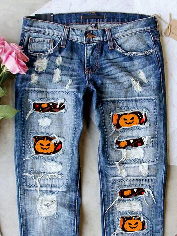 Casual Pumpkin Print Loose Straight Jeans