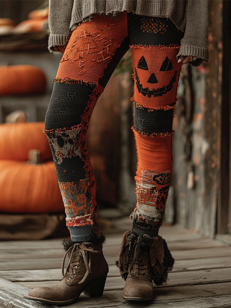 Vintage Patchwork Halloween Pumpkin Face Art Stitched Cozy Knit Leggings