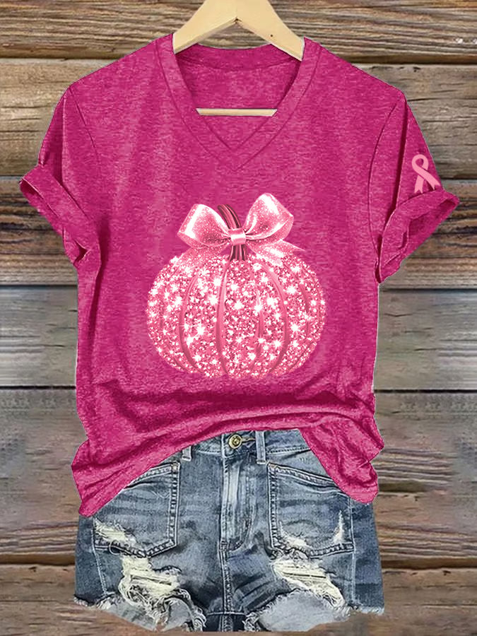 Women's Breast Cancer Sequined Pumpkin Print V-Neck T-Shirt