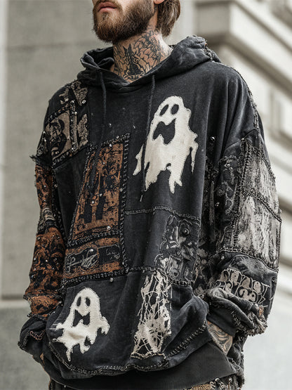 Halloween Ghost Vintage Irregular Patchwork Men's Hoodie