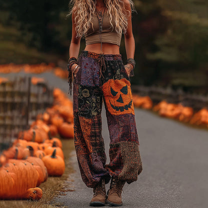 Vintage Halloween Themed Pumpkin Embroidered Linen Pants