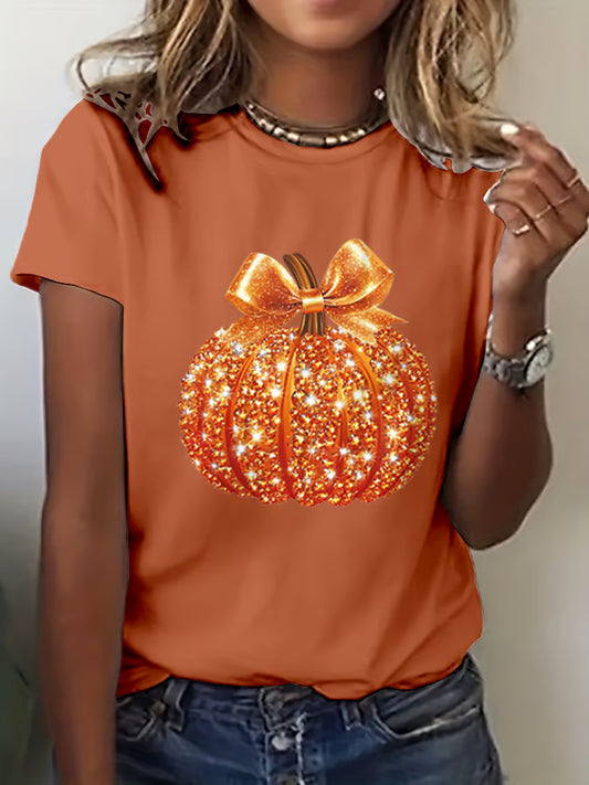 Women's Autumn Sequin Pumpkin Print Crew Neck T-Shirt