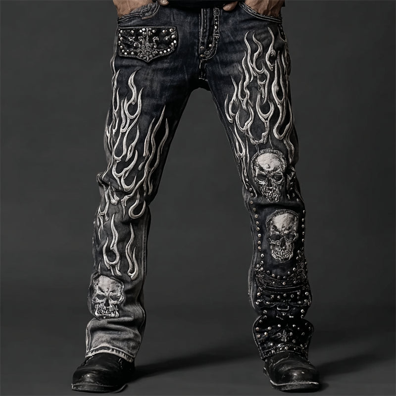 Men's Skulls On Flame Rock Studded Washed Jeans