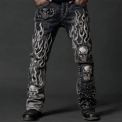 Men's Skulls On Flame Rock Studded Washed Jeans