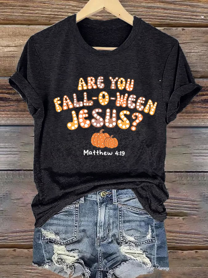 Women'S Casual Halloween Are You Falloween Jesus Matthew 4:19 Print Short Sleeve V Neck T-Shirt