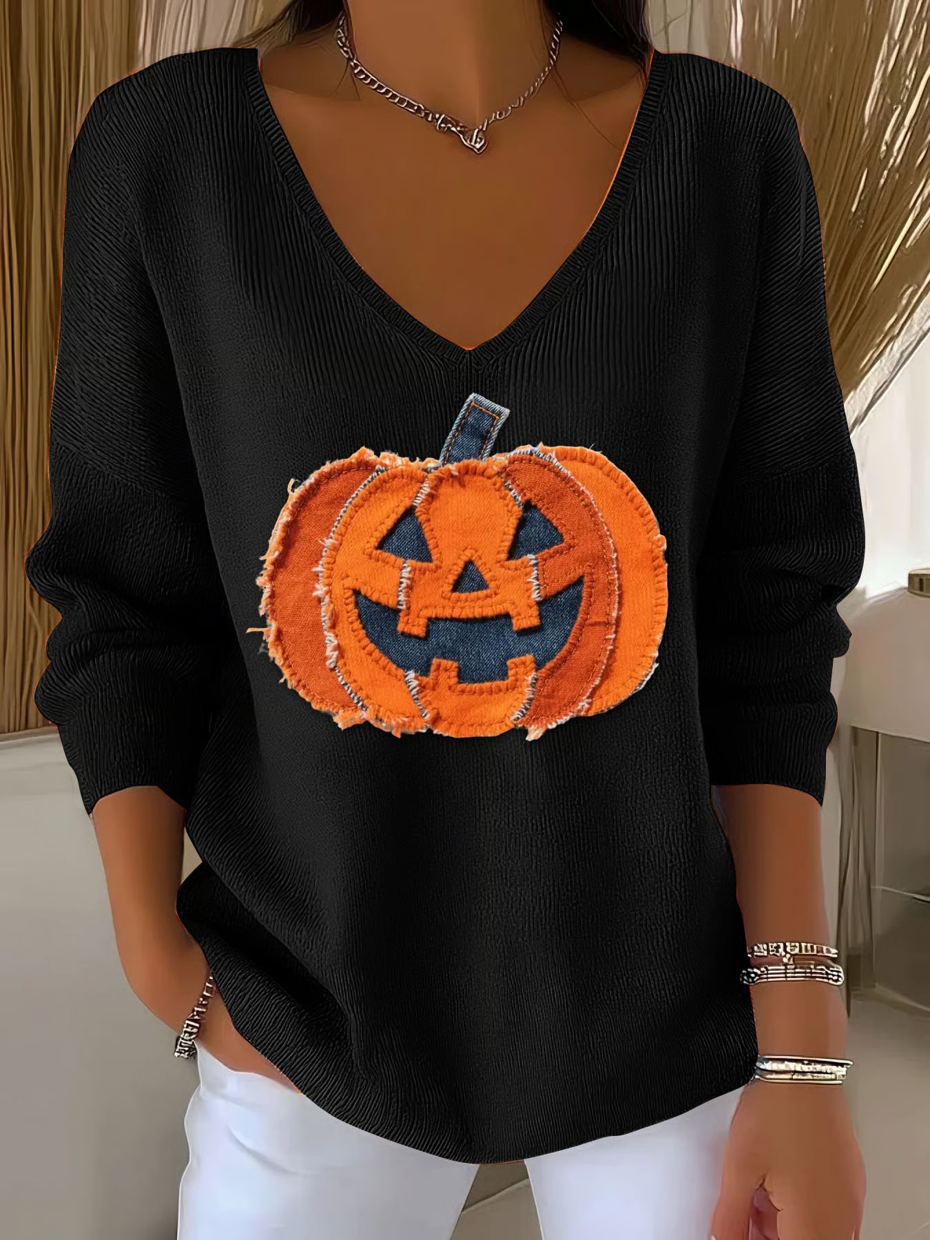 Women's Halloween Denim Patchwork Pumpkin Face Print V-Neck T-Shirt