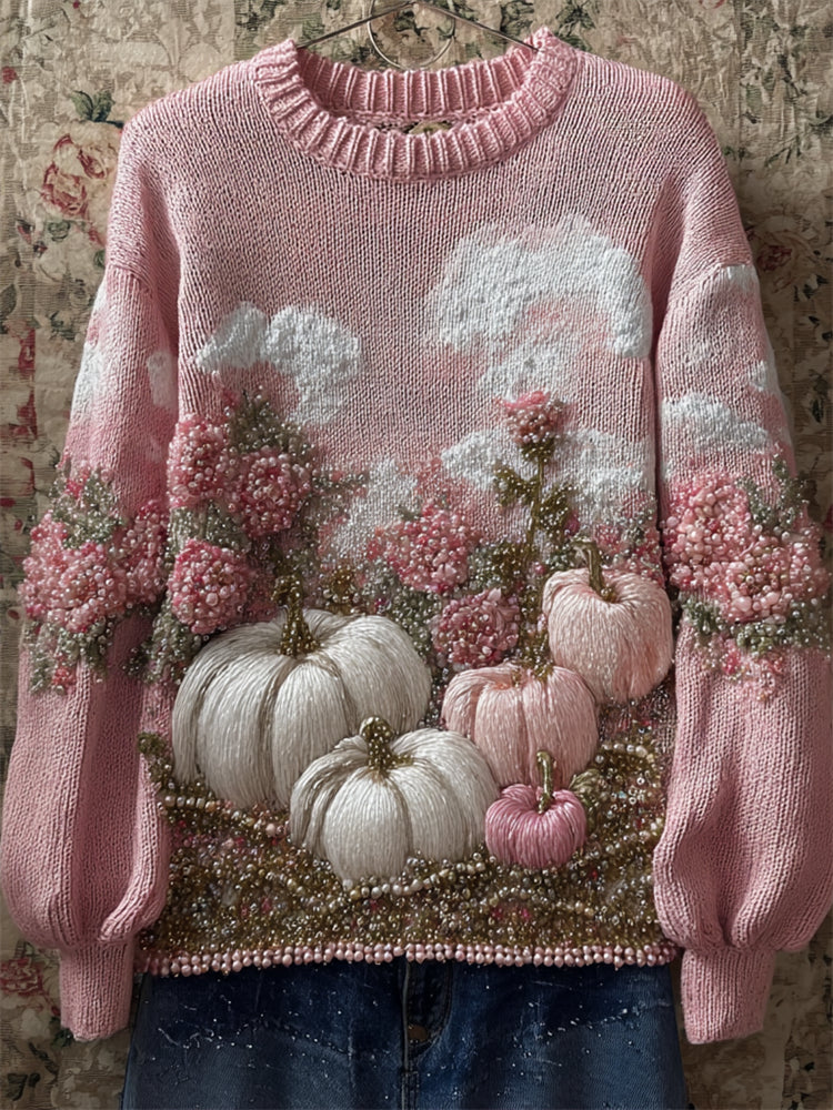 Thanksgiving Pumpkins Pink Floral Beaded Cozy Knit Sweater