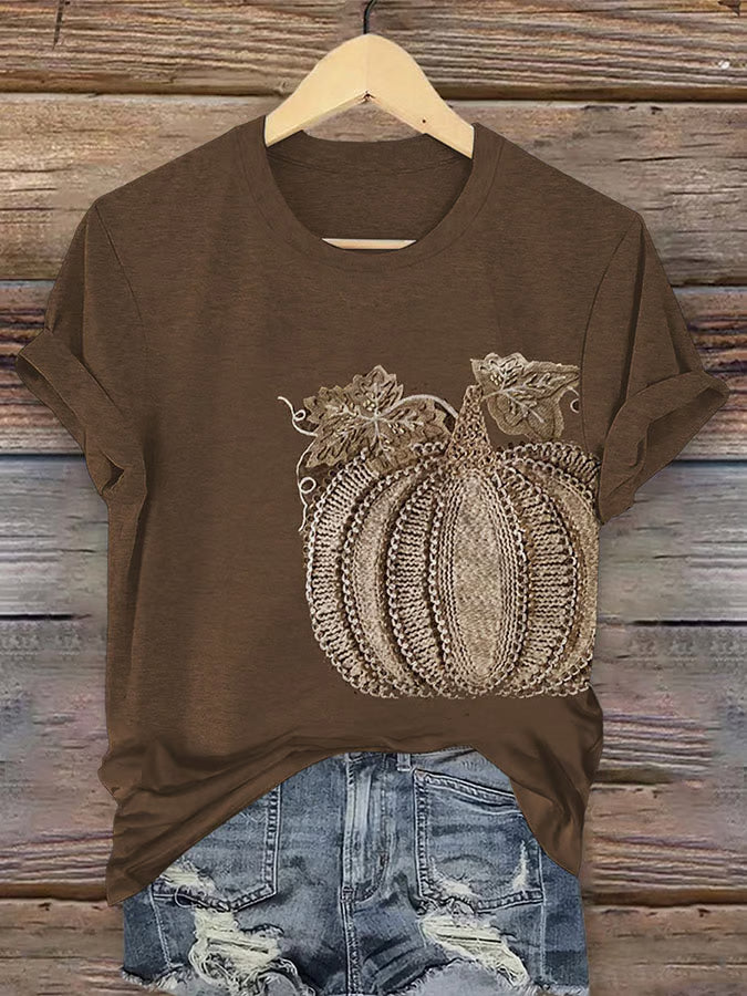 Women's Retro Pumpkin Season Printed Round Neck T-Shirt
