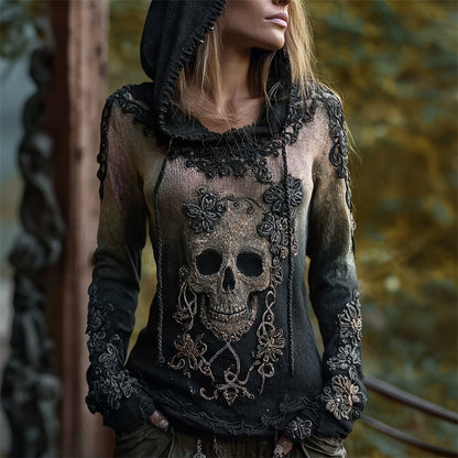 Vintage Skull Floral Gradient Comfy Knit Hooded Sweater