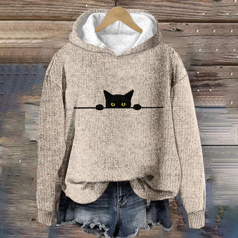 Women's Casual Funny Black Cat Print Hood Sweater