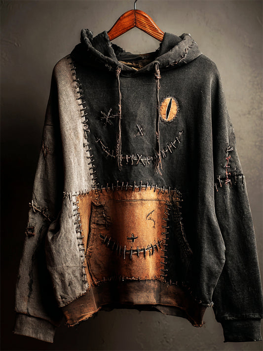 Halloween Black Cat Face Colorblock Patchwork Washed Hoodie