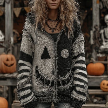 Halloween Pumpkin Face Patchwork Art Cozy Knit Hooded Cardigan