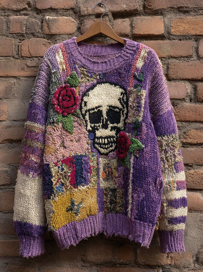 Vintage Skull & Roses Embroidered Patchwork Cozy Sweater