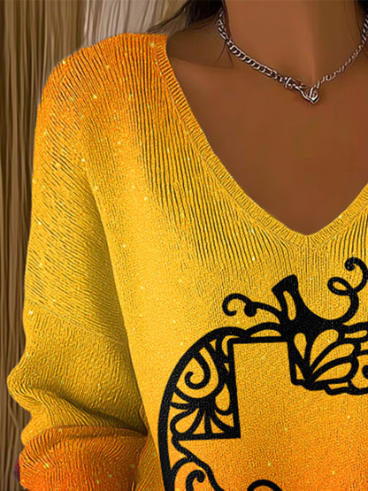 V-Neck Retro Texas Strong Fall Pumpkins Print Knitted Tops