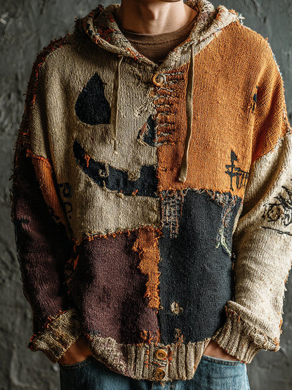 Men's Halloween Pumpkin Face Colorblock Stitched Cozy Knit Hooded Sweater