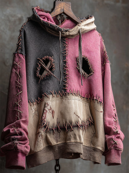 Halloween Stitched Monster Face Colorblock Washed Hoodie