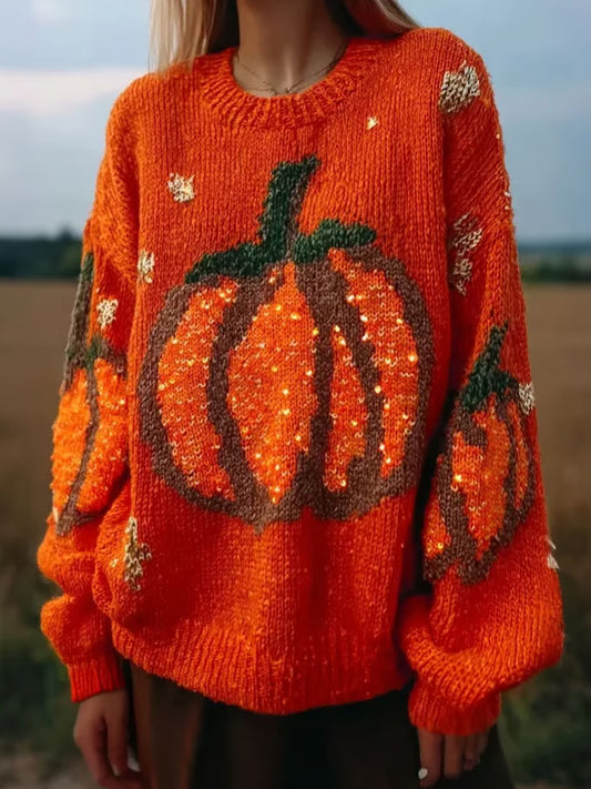 Women's Autumn Pumpkin Contrast Stitching Cozy Knit Sweater