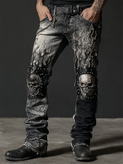 Men's Skulls Flame Contrast Patchwork Rock Studded Washed Jeans