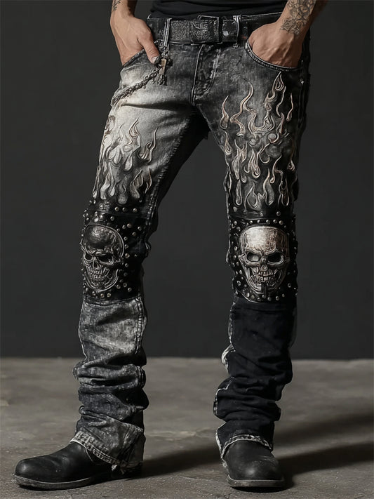 Men's Skulls Flame Contrast Patchwork Rock Studded Washed Jeans