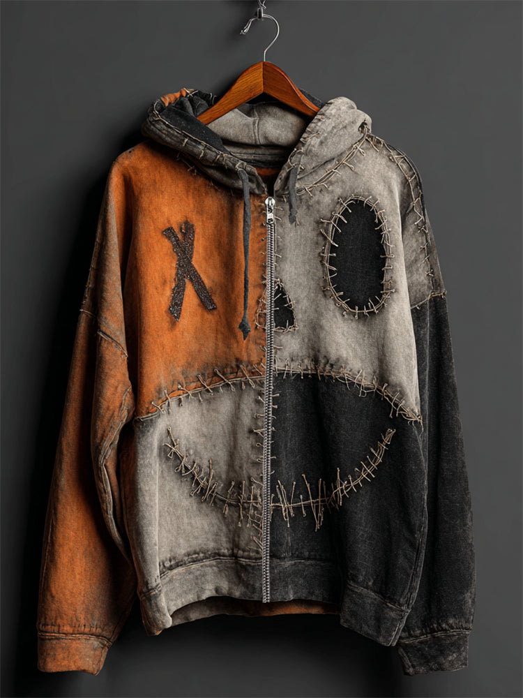 Halloween Pumpkin Face Colorblock Patchwork Full Zip Hoodie