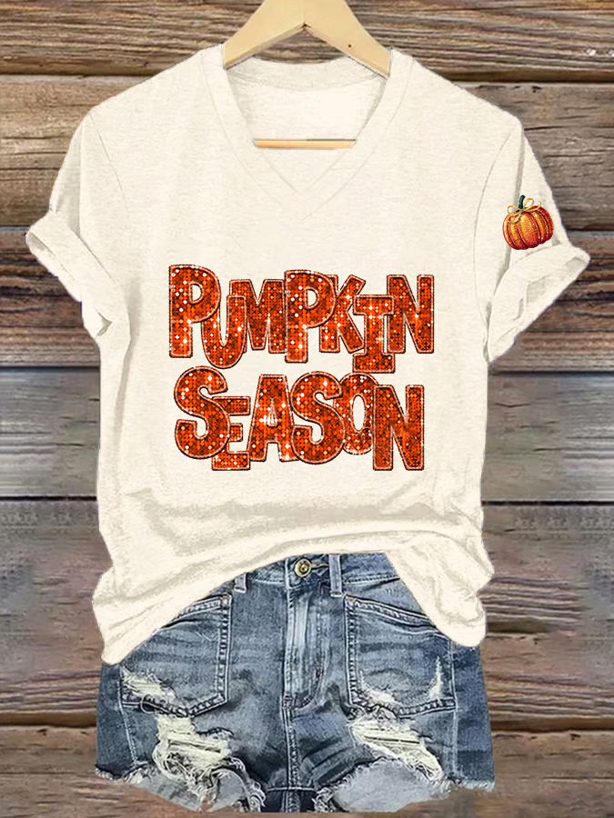 Women's Pumpkin Season Print Short Sleeve T-Shirt