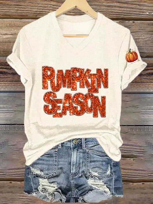 Women's Pumpkin Season Print Short Sleeve T-Shirt