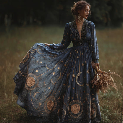 Vintage Celestial Glitter Moon & Stars Flowy Maxi Dress