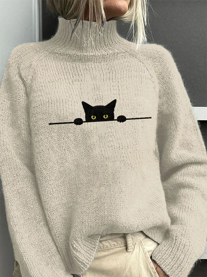 Women's Casual Funny Black Cat Print High Neck Sweater