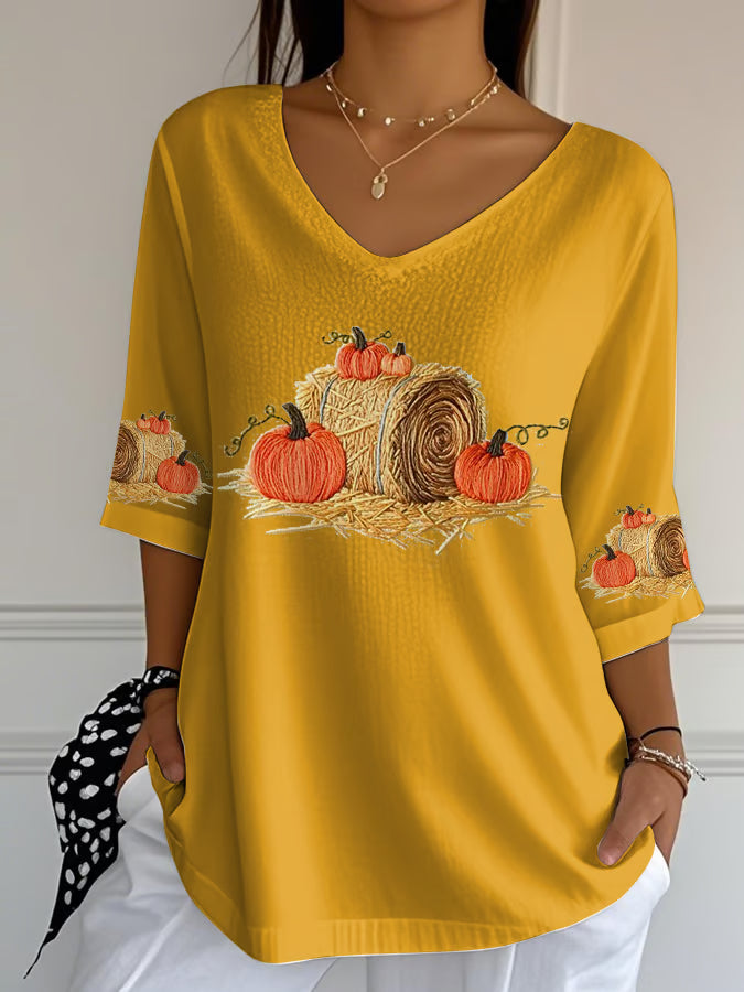 Women'S Casual Autumn Pumpkin Straw Print V-Neck T-Shirt