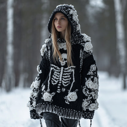 Women's Vintage Three-dimensional White Rose Casual Warm Hooded Sweater